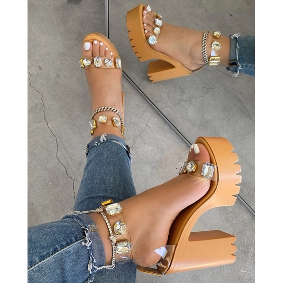 Tan Clear Large Gem Detailing Platform Heels - Picture 2 of 10